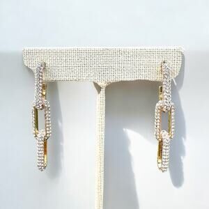 Gold Paperclip Chain Rhinestone Dangle Earrings Drop Sparkle Chunky Statement